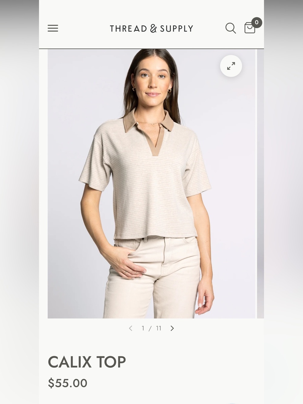 Thread & Supply Beige Short-Sleeve Polo Top with Tan Collar